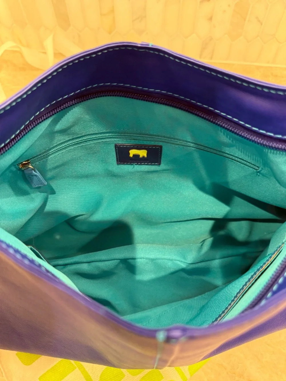 Mywalit Bag Royal Blue Leather with turquoise suede side panels, MINT